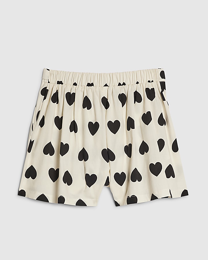 Girls White Heart Print Bow Shorts