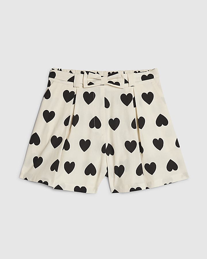 Girls White Heart Print Bow Shorts