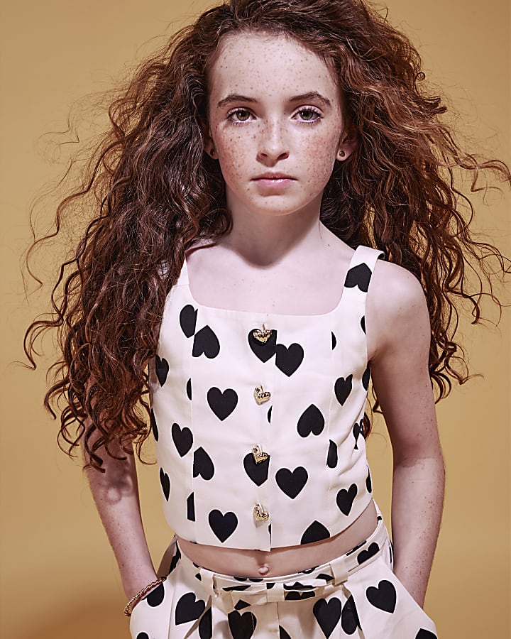 Girls White Heart Print Top