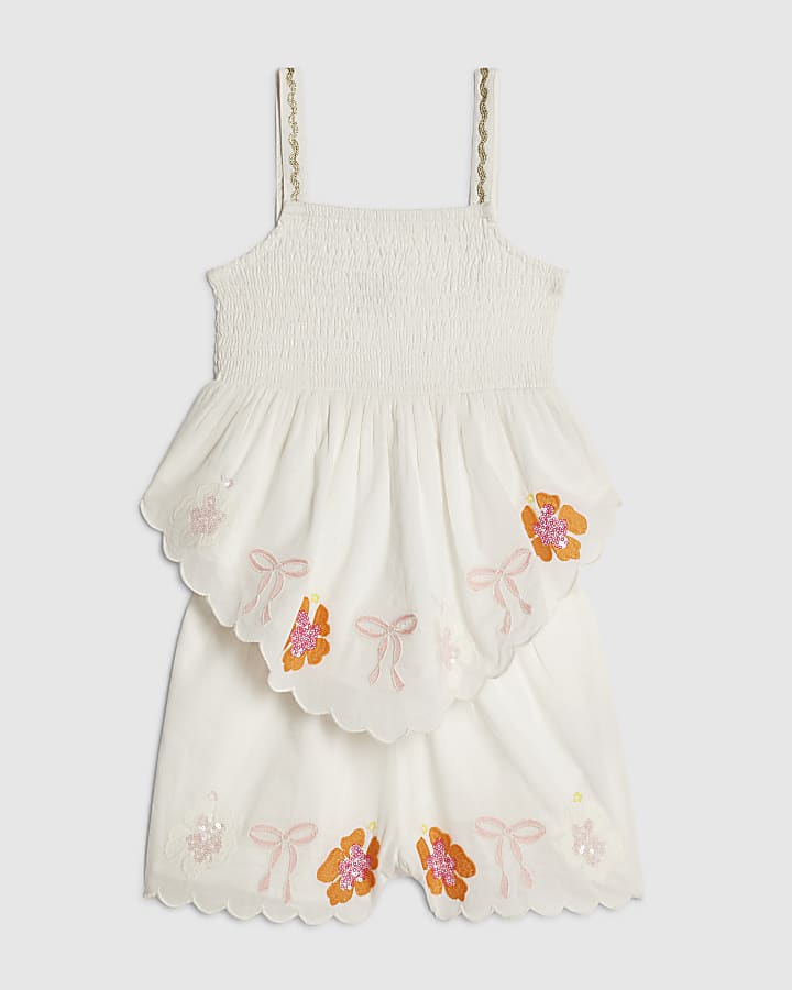 Girls White Embellished Top Set