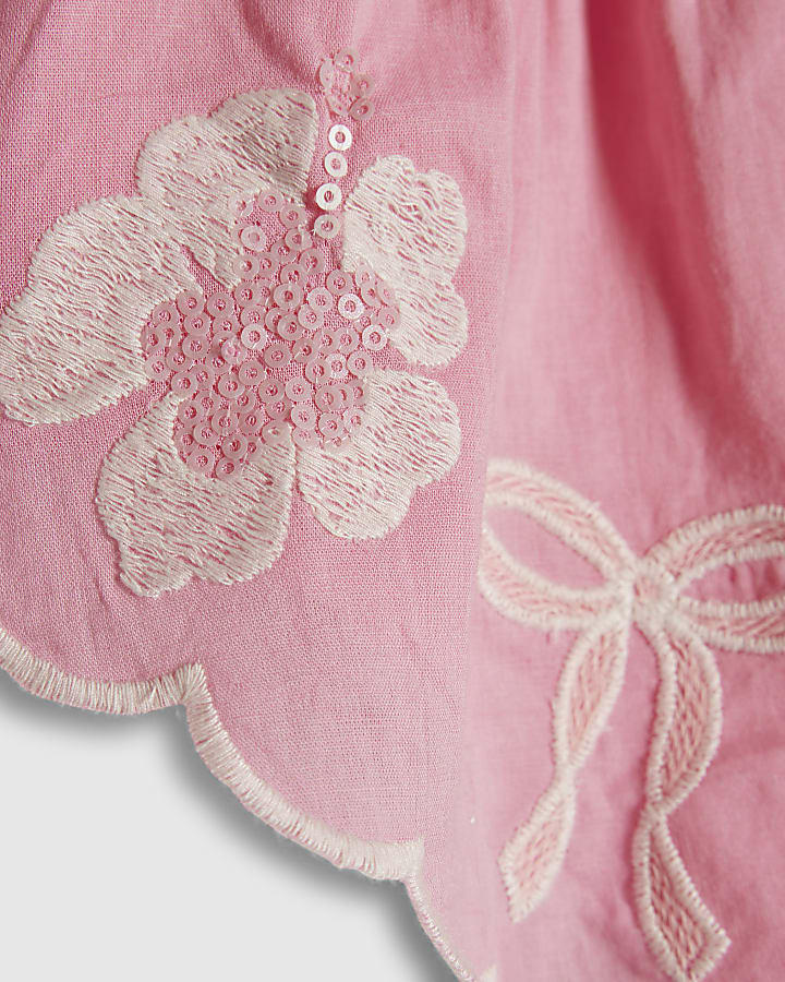 Girls Pink Hanky Hem Embellished Top Set