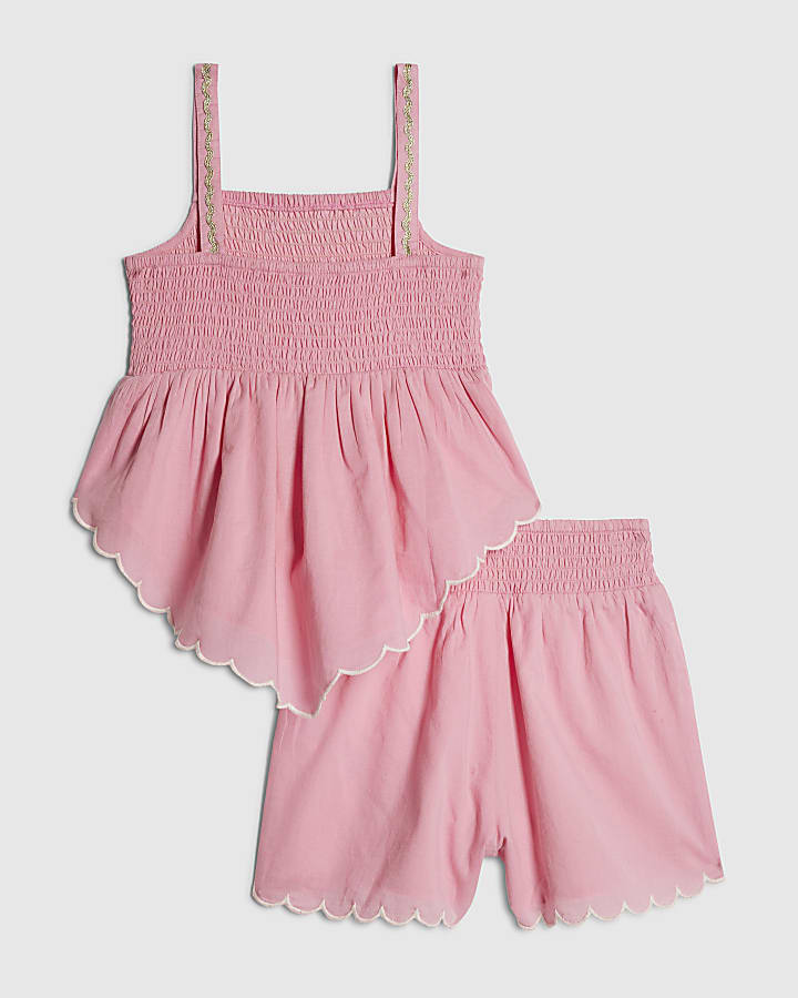 Girls Pink Hanky Hem Embellished Top Set