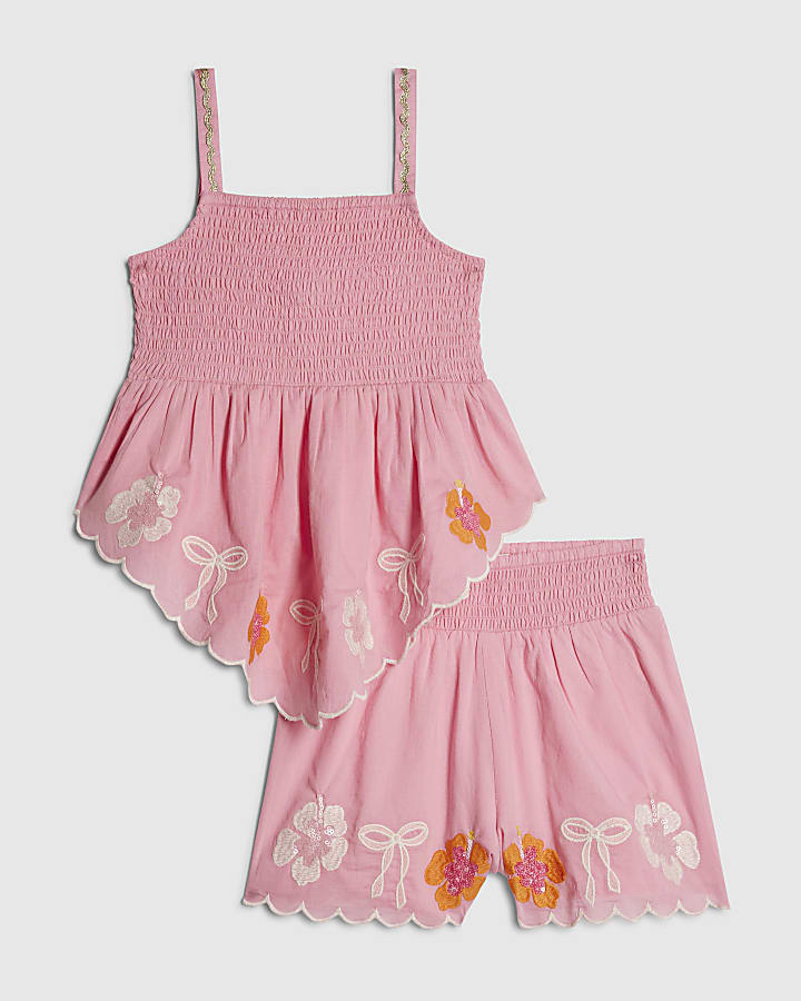 Girls Pink Hanky Hem Embellished Top Set