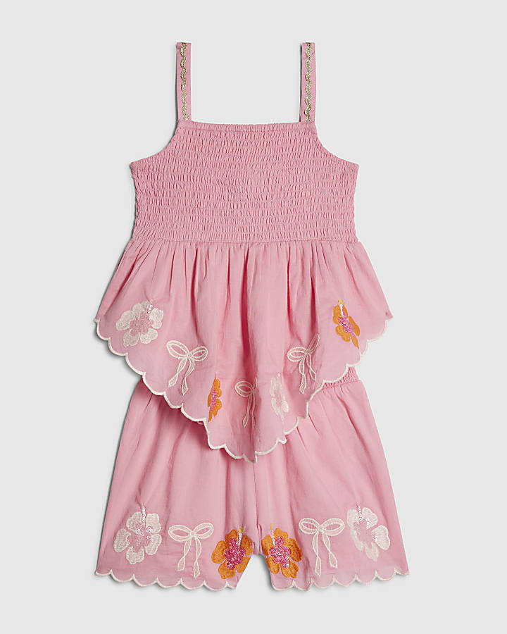 Girls Pink Hanky Hem Embellished Top Set