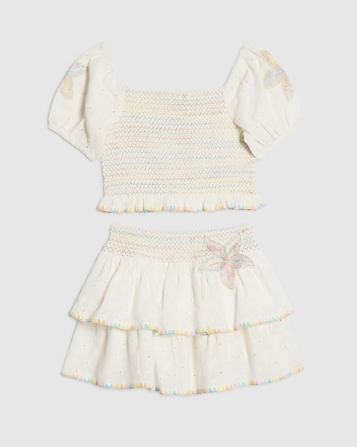 Girls White Rainbow Whipstitch Top Set