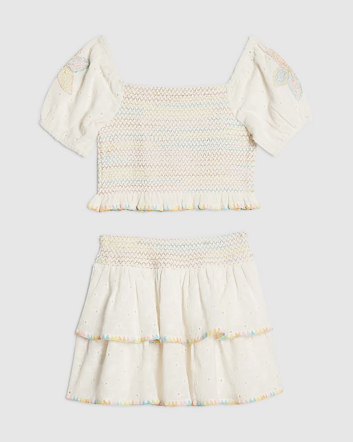 Girls White Rainbow Whipstitch Top Set