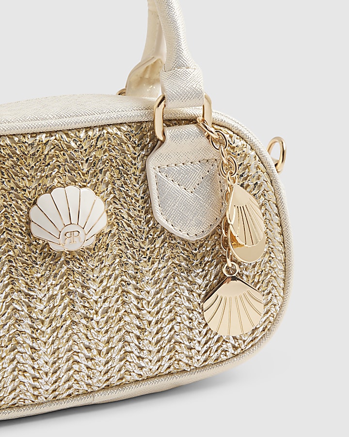 Gold Raffia Multi Charm Cross Body Bag