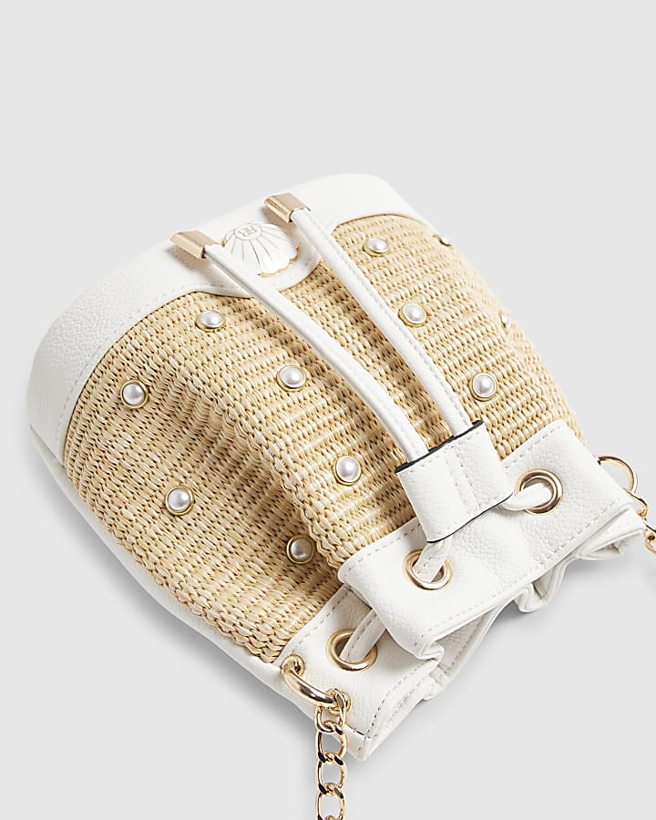Girls Brown Woven Pearl Bucket Bag