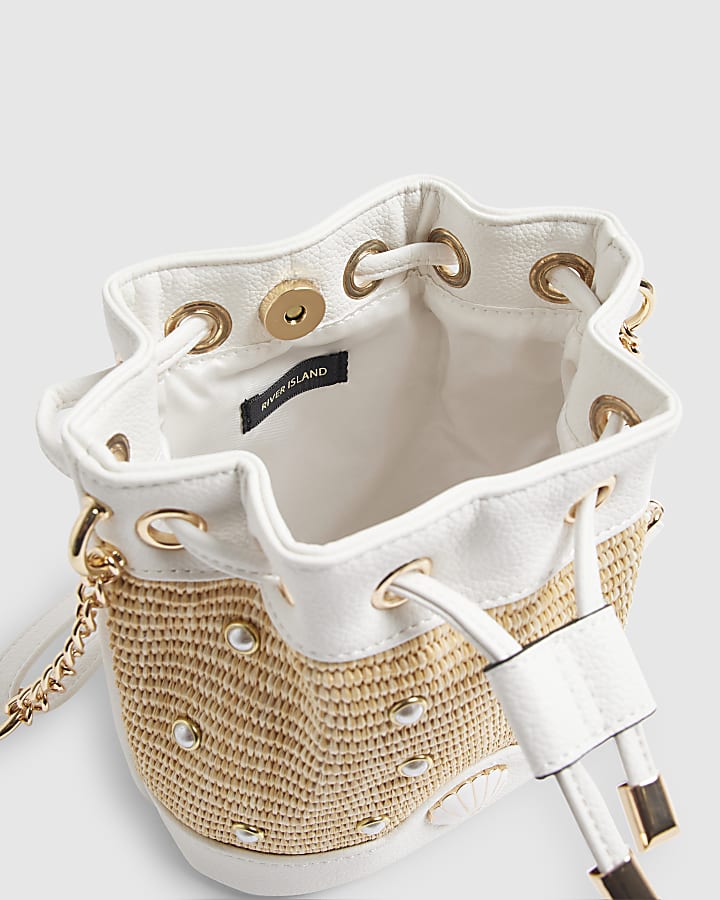 Girls Brown Woven Pearl Bucket Bag