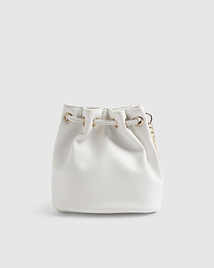 Girls Brown Woven Pearl Bucket Bag