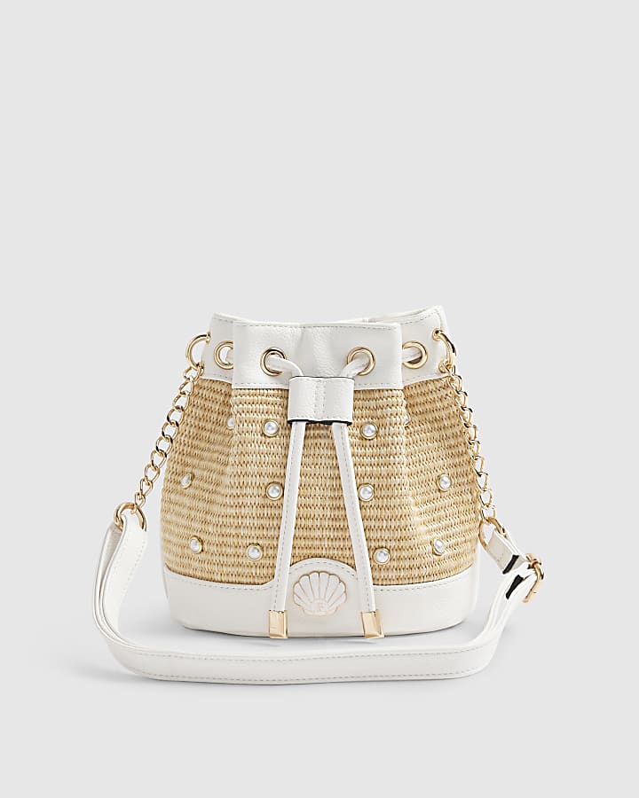 Girls Brown Woven Pearl Bucket Bag