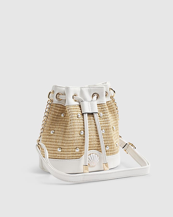 Girls Brown Woven Pearl Bucket Bag