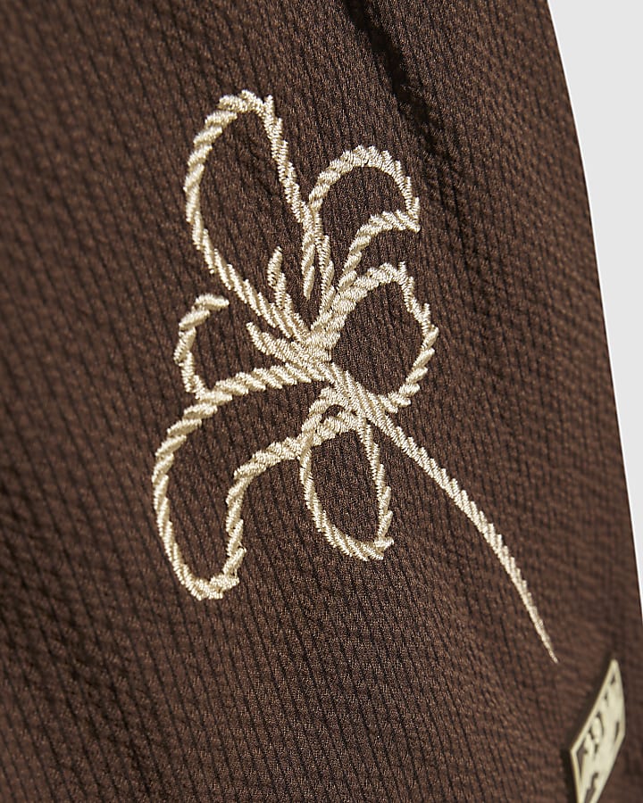 Boys Brown Embroidered Floral Swim Set