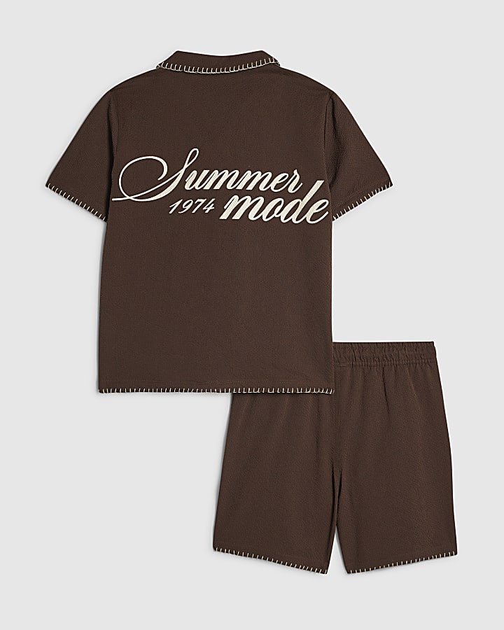 Boys Brown Embroidered Floral Swim Set