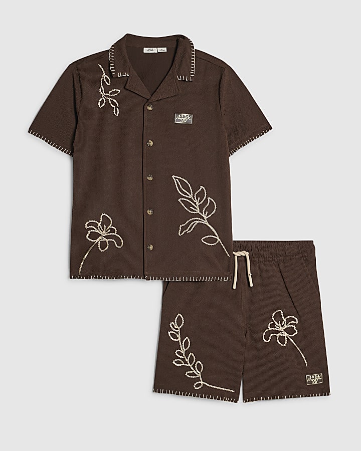 Boys Brown Embroidered Floral Swim Set