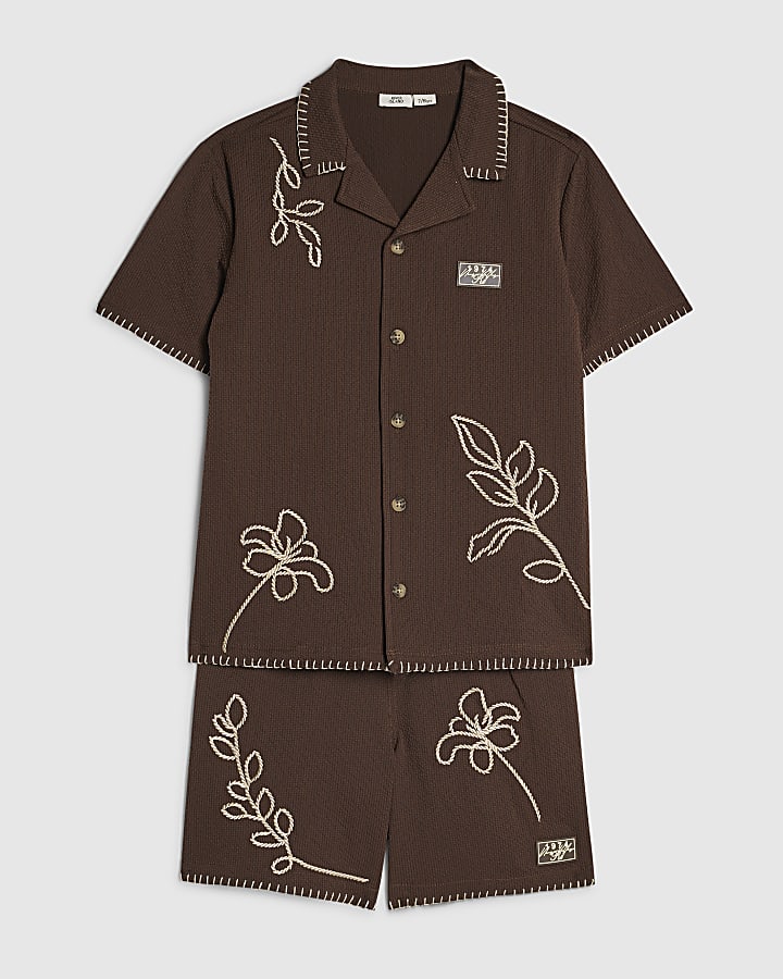 Boys Brown Embroidered Floral Swim Set