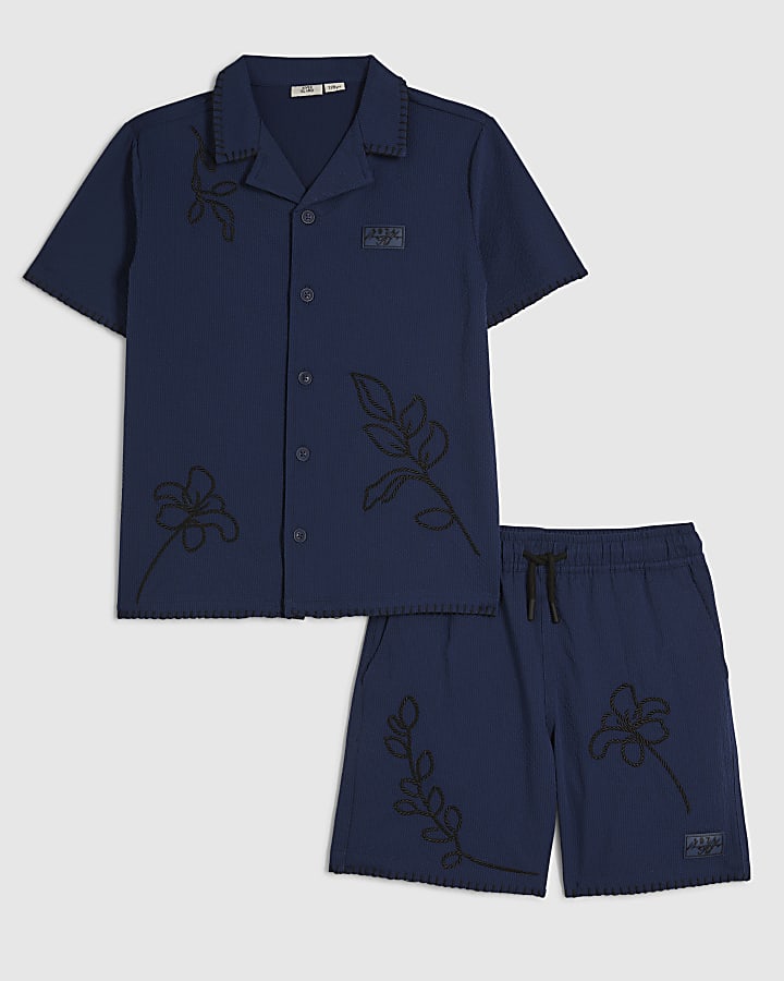 Boys Navy Embroidered Floral Swim Set