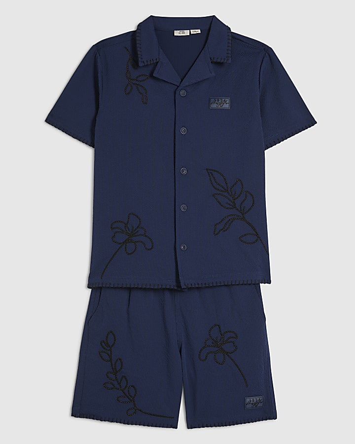 Boys Navy Embroidered Floral Swim Set