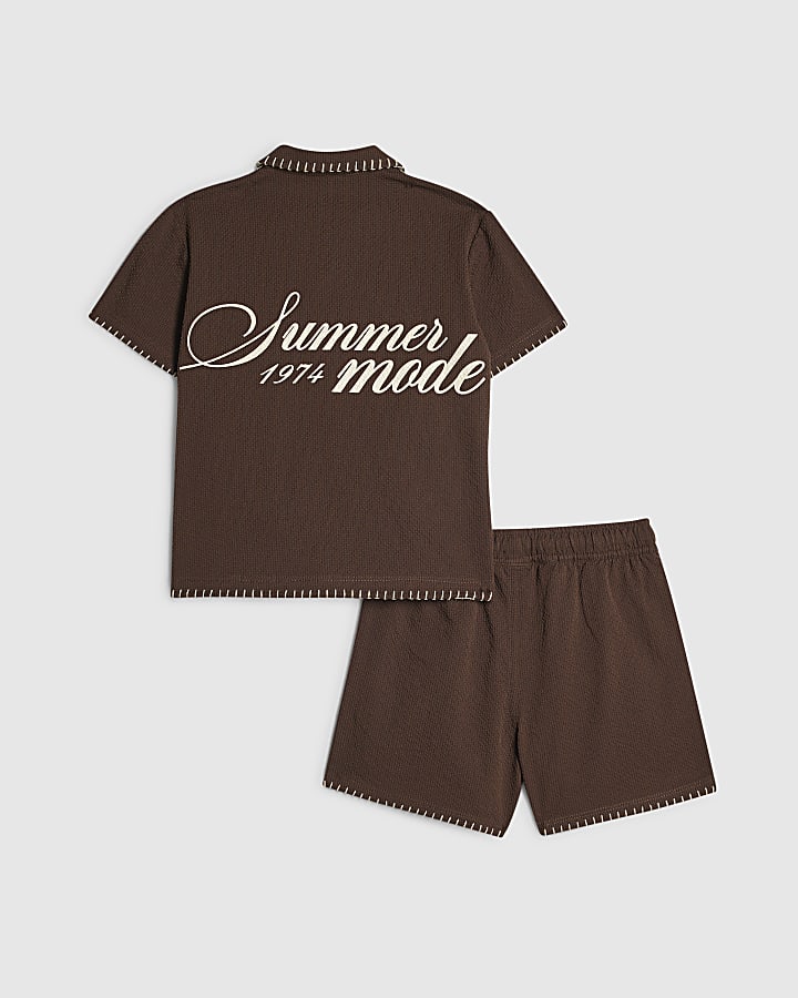 Mini Boys Brown Embroidered Floral Swim Set