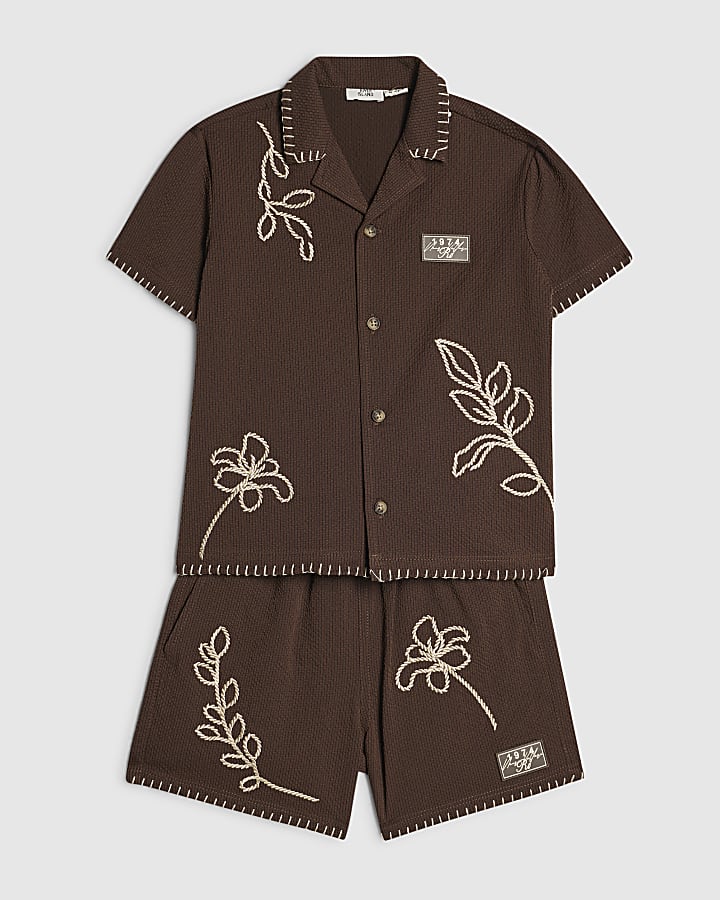Mini Boys Brown Embroidered Floral Swim Set