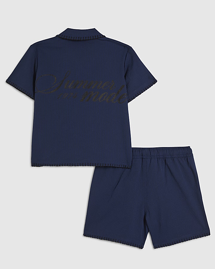 Mini Boys Navy Embroidered Floral Swim Set