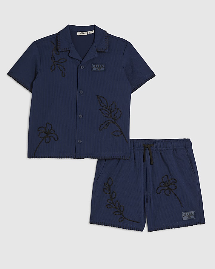 Mini Boys Navy Embroidered Floral Swim Set