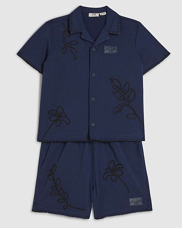 Mini Boys Navy Embroidered Floral Swim Set