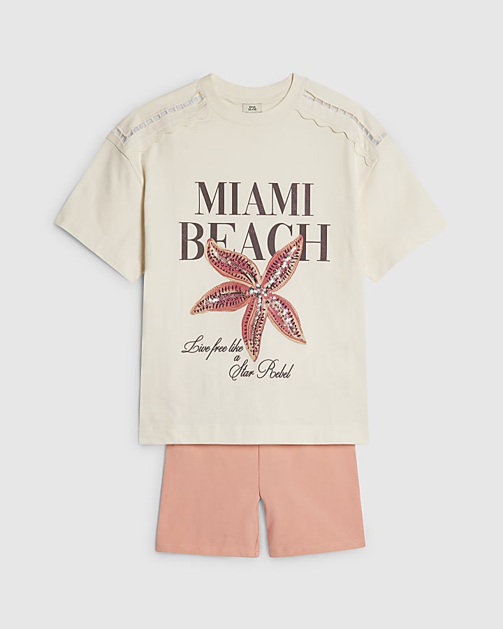 Girls White Miami Beach T-Shirt Set