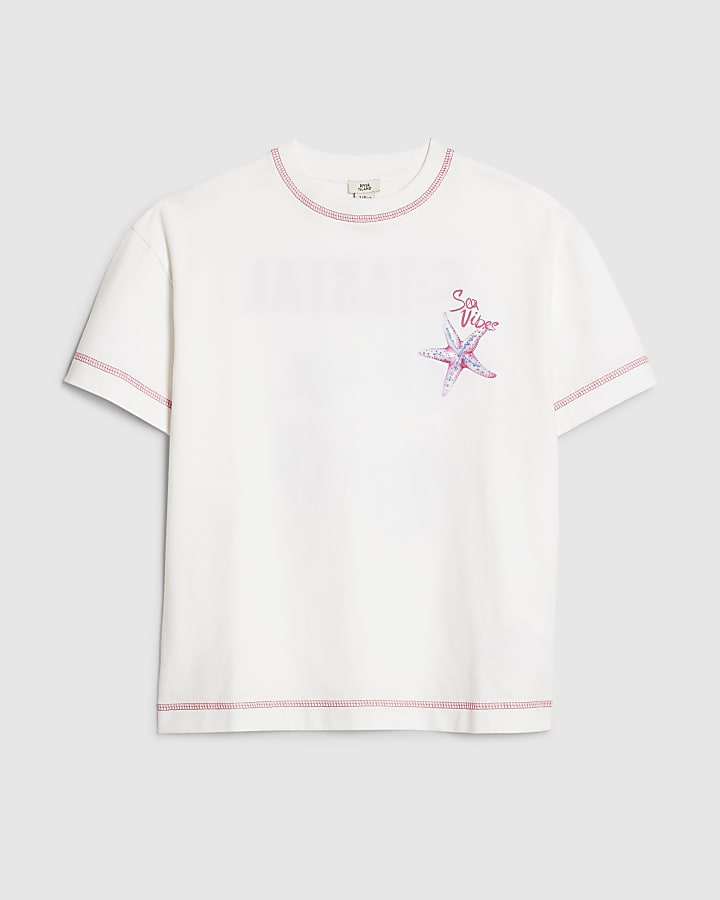 Girls White Coastal Whipstitch T-Shirt