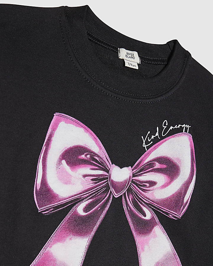 Girls Black Bow Cropped Sweatshirt