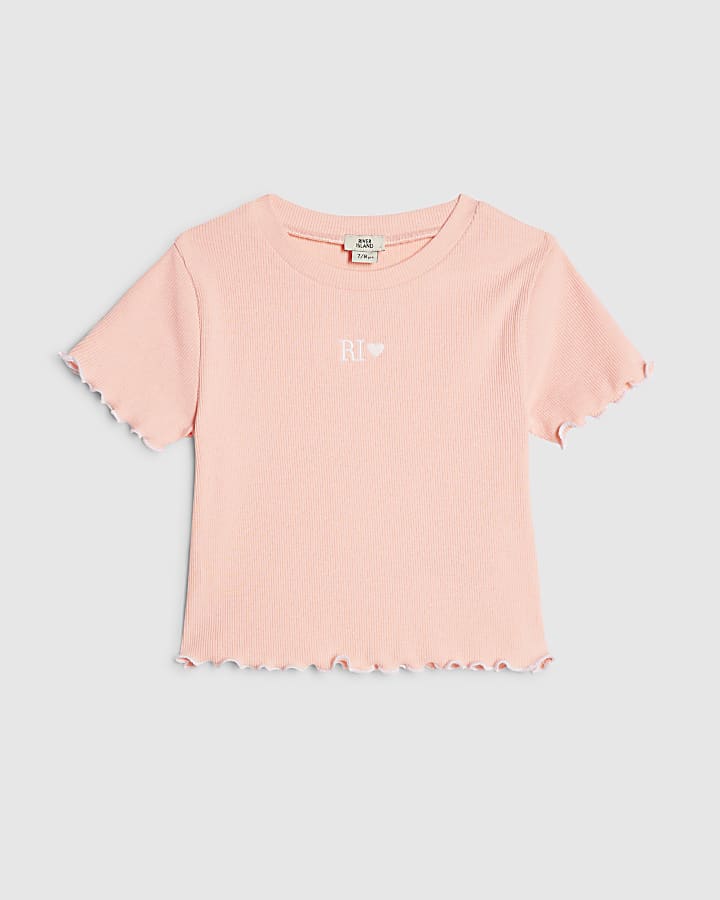 Girls Pink Lettuce Hem Crop T-Shirt