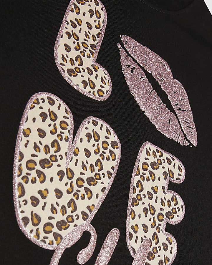 Girls Black Cheetah Love Club Crop Top Set