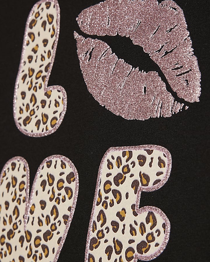 Girls Black Cheetah Love Club Crop Top Set