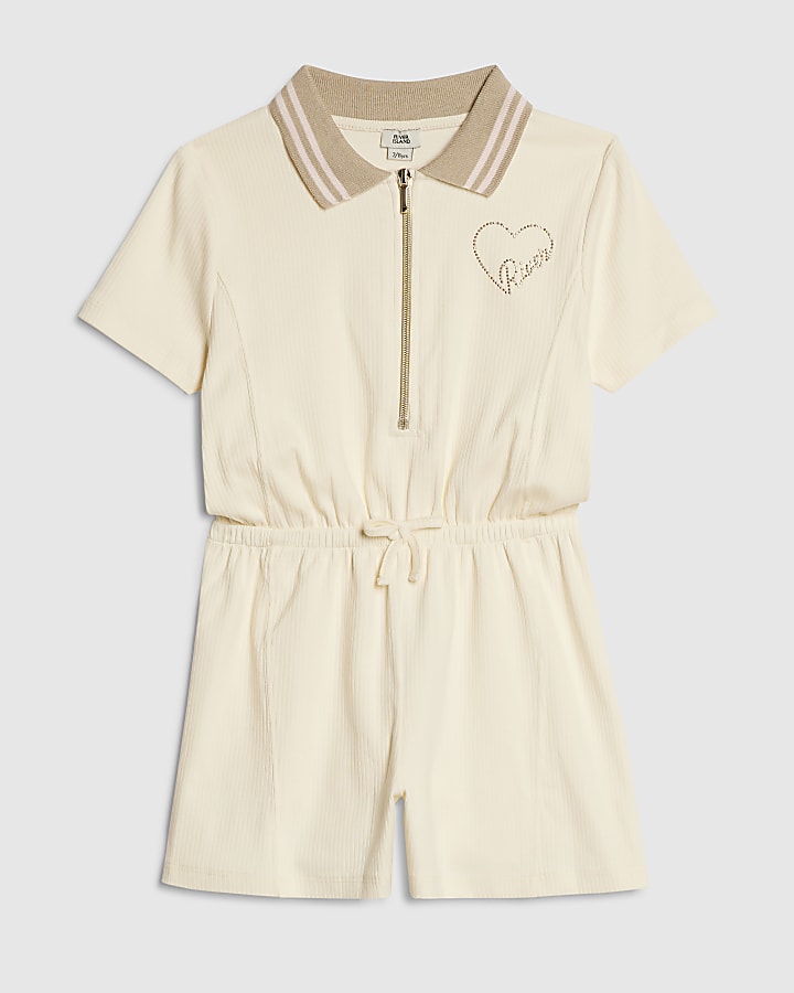 Girls Cream Polo Zip Playsuit