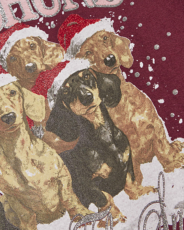 Girls Burgundy Dachshund Snow T-Shirt