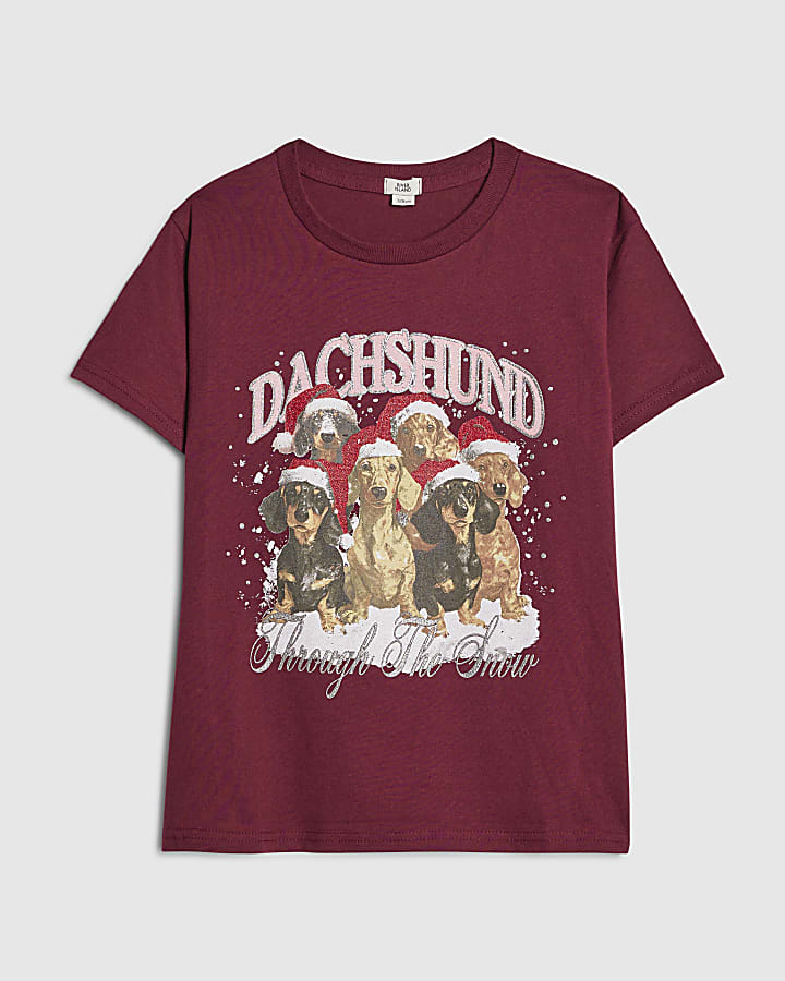 Girls Burgundy Dachshund Snow T-Shirt