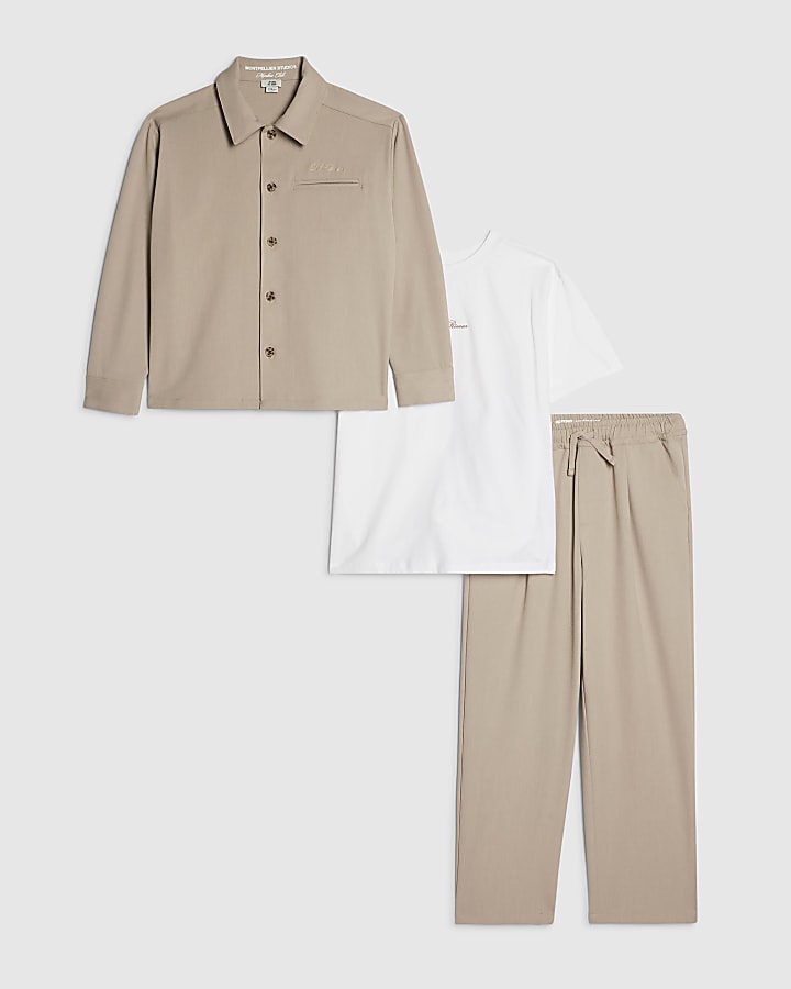 Boys Beige Tailored 3 Piece Shirt Set