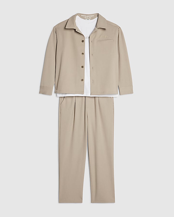 Boys Beige Tailored 3 Piece Shirt Set