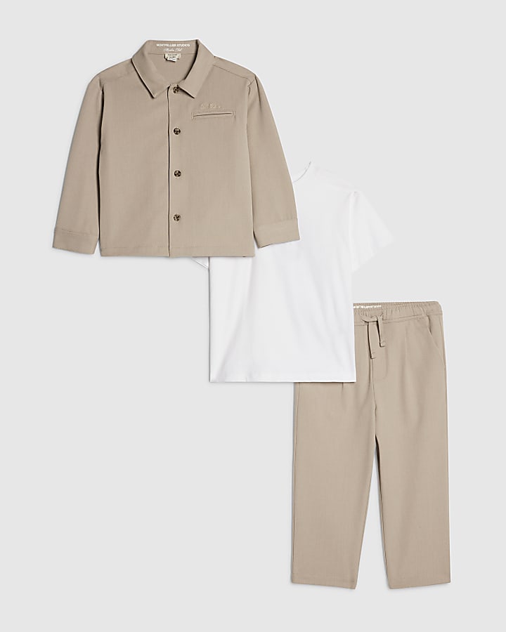 Mini Boys Beige Tailored 3 Piece Shirt Set