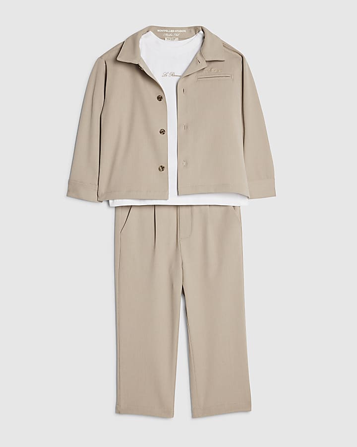 Mini Boys Beige Tailored 3 Piece Shirt Set