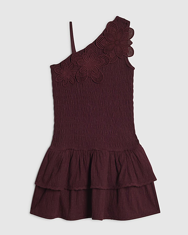 Girls Brown Asymmetric Crochet Flower Dress