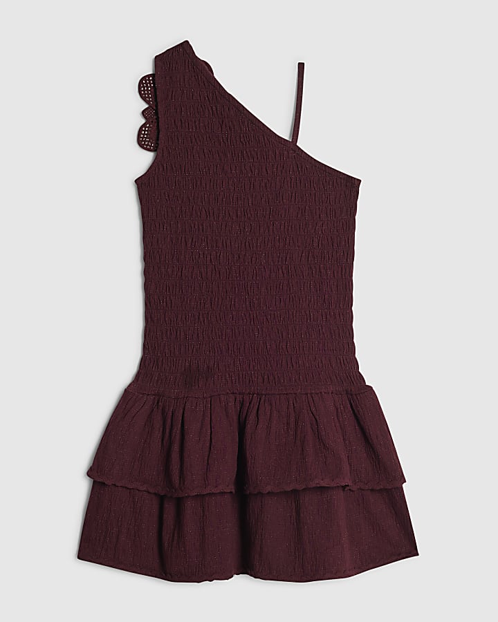 Girls Brown Asymmetric Crochet Flower Dress