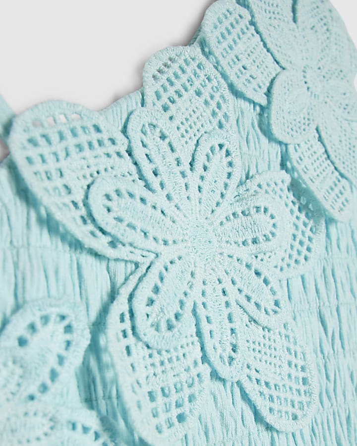 Girls Blue Asymmetric Crochet Flower Dress