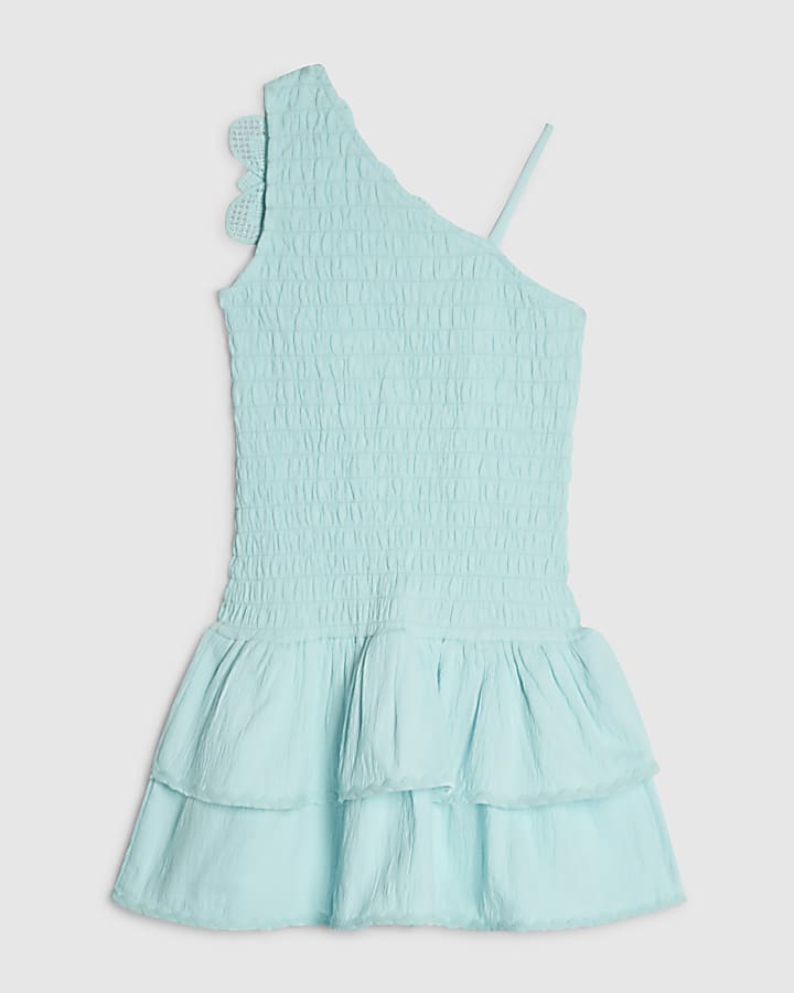 Girls Blue Asymmetric Crochet Flower Dress