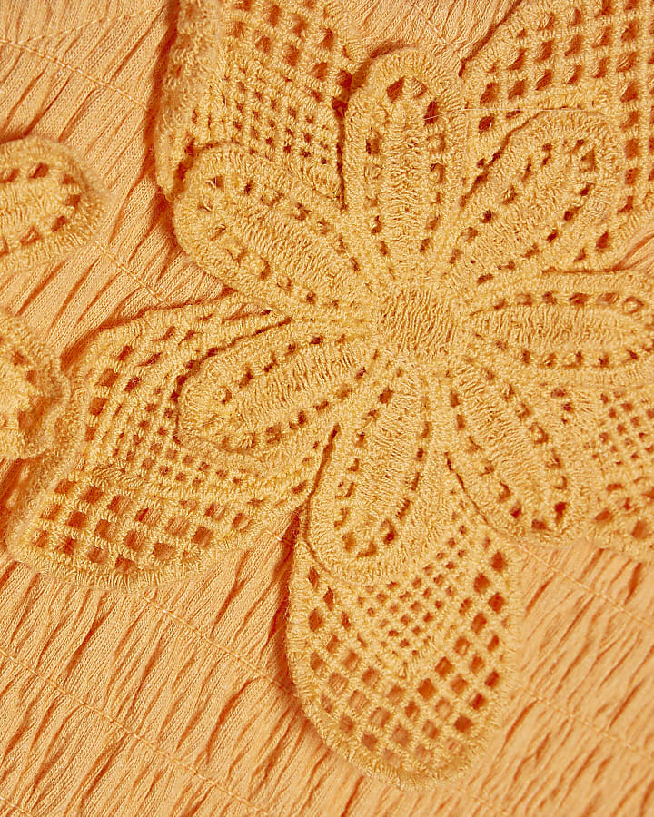 Girls Orange Asymmetric Crochet Flower Dress