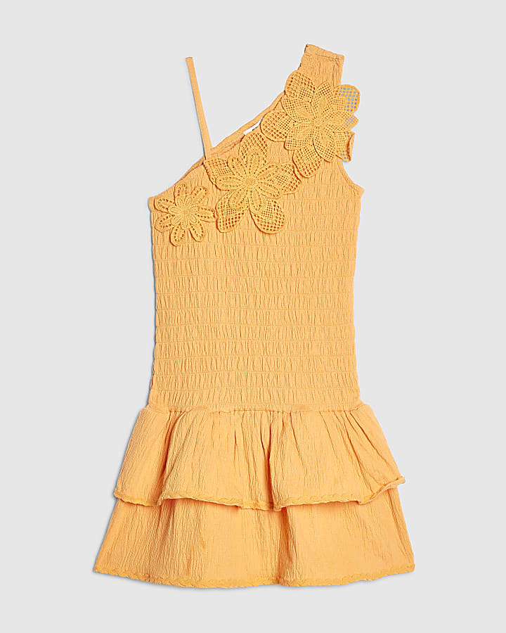 Girls Orange Asymmetric Crochet Flower Dress