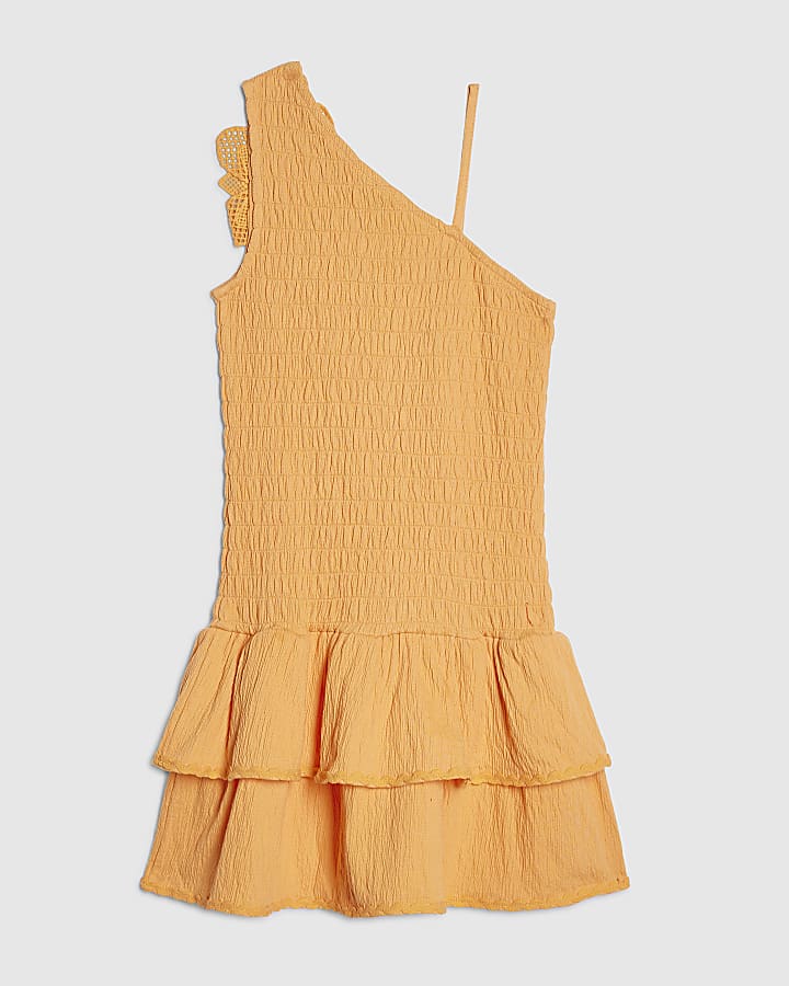 Girls Orange Asymmetric Crochet Flower Dress