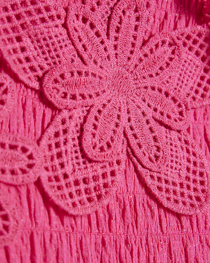 Girls Pink Asymmetric Crochet Flower Dress