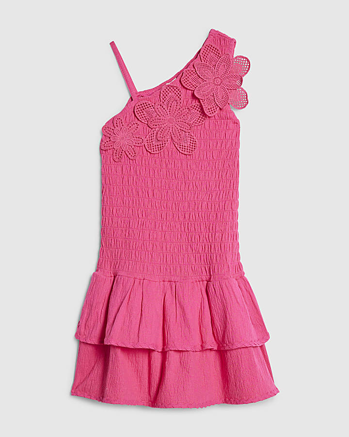 Girls Pink Asymmetric Crochet Flower Dress