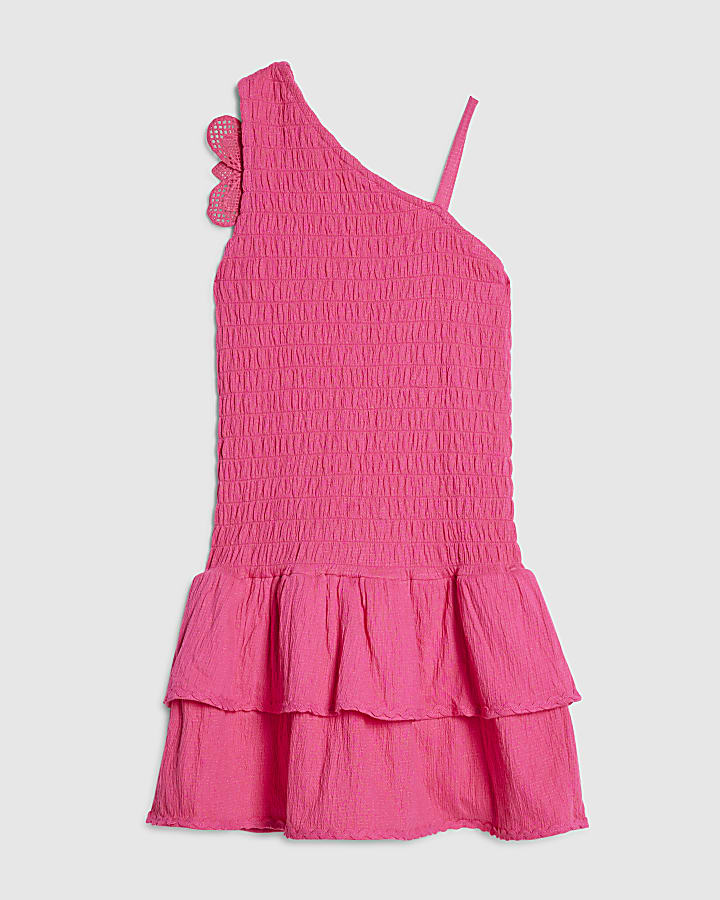 Girls Pink Asymmetric Crochet Flower Dress